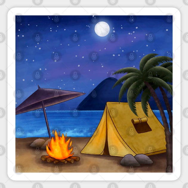 Summer Night Illustration With Tent Beach Sticker by Mako Design 